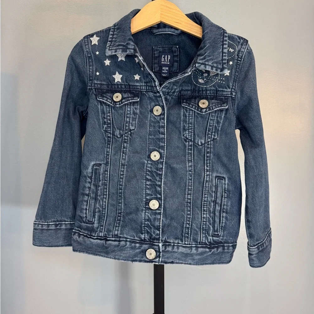 GAP Kids Star Denim Jacket XS 4-5 Shooting Star Peace Sign Dark Indigo‎